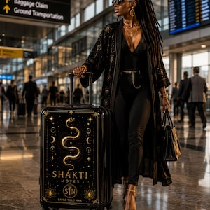 Może przedstawiać: Czarna walizka na kółkach ze złotą grafiką przedstawiającą zwiniętego węża, symbole niebieskie oraz napis SHAKTI MOVES STN SAYGE TOLO NAA. Walizka posiada wysuwaną rączkę i cztery kółka, wykończona jest w połysku ze złotymi akcentami.