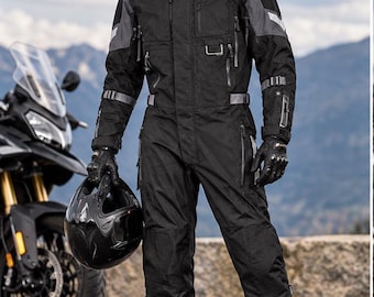 Men's Adventure Motorcycle Suit, Black Touring Riding Gear, All in One Biker Jumpsuit, Protective Riding Outfit, Motorcycle Apparel