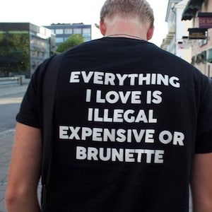 May include: A black short-sleeved t-shirt featuring white text on the back that reads: EVERYTHING I LOVE IS ILLEGAL EXPENSIVE OR BRUNETTE. The shirt has a crew neckline and a simple, solid-colored design with bold, capitalized lettering.