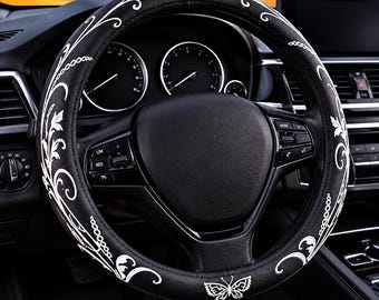 Butterfly Embroidered Steering Wheel Cover, 14.5-15"  white.Universal Leather, Breathable Anti-Slip Odorless Car Accessories for Men Women