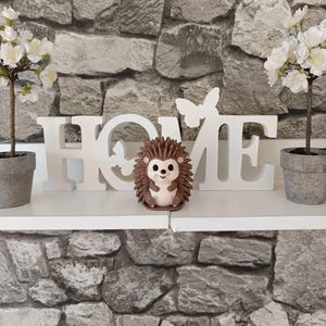 以下が含まれることがあります： 白い「HOME」のサイン、小さなハリネズミの置物、2つの鉢植えの植物が特徴の装飾的な棚の配置。背景は石模様の壁です。