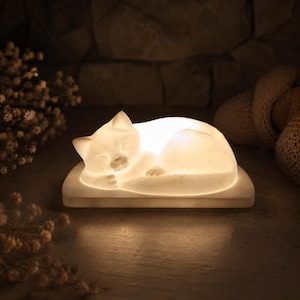 K&ouml;nnte beinhalten: Eine wei&szlig;e, durchscheinende, leuchtende Lampe in Form einer schlafenden Katze auf einem rechteckigen Sockel. Das Licht strahlt aus der Katzenfigur heraus, betont ihre glatte, geschwungene Form und die geschlossenen Augen und erzeugt sanftes Licht.
