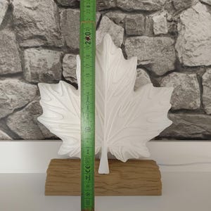 May include: A white maple leaf-shaped decorative object mounted on a textured tan base. A green folding ruler is placed vertically against the leaf, showing a height of approximately 9.8 inches from the base to the top tip of the leaf.