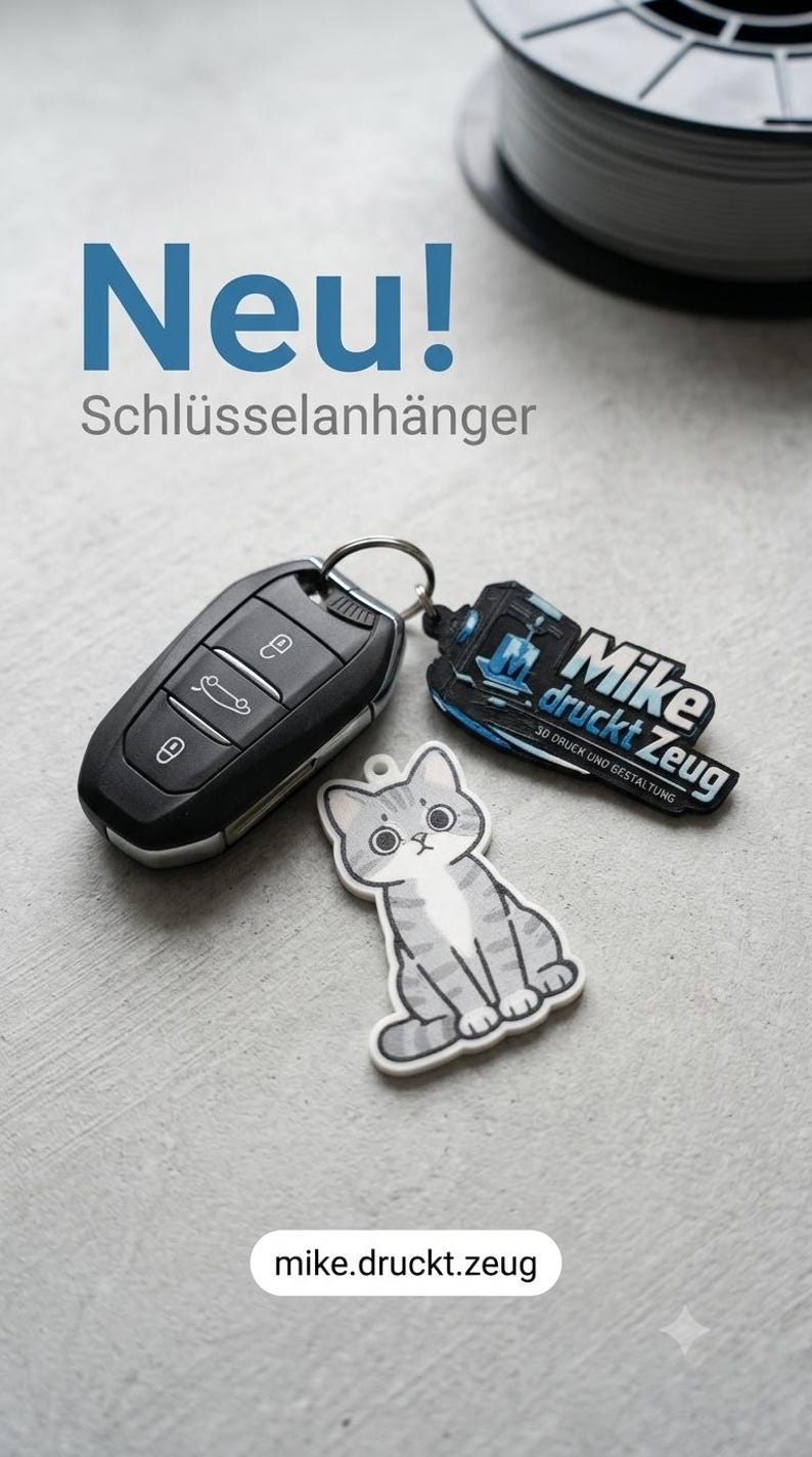 May include: A black car key fob attached to a metal ring with two keychains: one is a grey and white tabby cat illustration, and the other is a black and blue tag with the text Mike druckt Zeug 3D DRUCK UND GESTALTUNG.