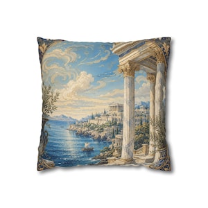 Mediterranean Coastal Ruins Pillowcase | Classical Seaside Landscape