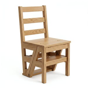 Könnte beinhalten: Hellfarbener Holzstuhl mit Leiter-Rückenlehne und Sitz, der sich zu einer Stufe aufklappen lässt. Der Stuhl ist aus Massivholz gefertigt und hat eine natürliche Oberfläche. Der Stuhl ist als Tritthocker konzipiert.