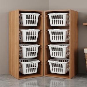 May include: A wooden laundry organizer with eight white plastic baskets. Each basket is labeled with names like "Zach," "Liam," and "Sarah." The organizer is set against a neutral wall and floor.