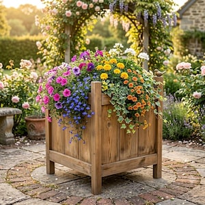 May include: A square wooden planter box with a natural brown finish, filled with a vibrant arrangement of pink, purple, yellow, and orange flowers, along with green ivy foliage, featuring a small decorative bird figure on the top corner.