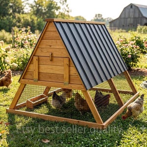 Puede incluir: Un gallinero triangular de madera con techo de metal corrugado gris oscuro, una puerta de acceso con bisagras en el panel frontal y laterales de malla de alambre. La estructura se asienta sobre el césped, creando un espacio cerrado.