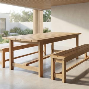 May include: A light brown wooden outdoor dining set, including a rectangular table and two benches. The table has a slatted top and sturdy legs. The benches are designed to match the table, creating a cohesive and functional outdoor space.