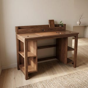May include: A wooden desk with a built-in hutch and shelving. The desk is a warm brown color and features a leather desk pad. The desk has a rectangular shape with a flat surface and a raised back. The desk has two shelves on each side.