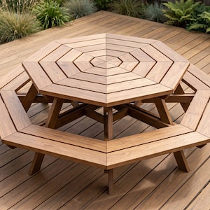 May include: A wooden octagonal picnic table with attached benches. The table and benches are made of light brown wood and are set on a wooden deck. The table has a geometric design on the tabletop.