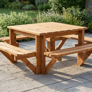 Puede incluir: Una mesa de picnic cuadrada de madera con una superficie de listones y cuatro bancos integrados. La estructura está fabricada con tablones de madera de color marrón claro con vetas visibles, apoyada sobre patas inclinadas y refuerzos.