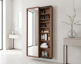 DIY Sliding Mirror Storage Cabinet Plans • Hidden Bedroom Vanity Woodworking Plans • Floating Bathroom Cabinet • Full Length wall shelf