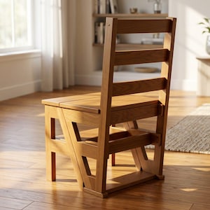 May include: A light brown wooden step stool chair. The chair features a ladder-style back and a seat that doubles as a step. The design is simple and functional, suitable for reaching high shelves or as extra seating. The chair's dimensions are in centimetres.