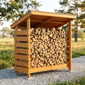 May include: A rectangular wooden firewood storage rack with a slanted roof, constructed from light brown horizontal planks. The structure is filled with a dense stack of split logs, supported by four vertical posts resting on concrete blocks.