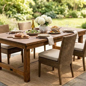 Op de afbeelding: Een rechthoekige houten eettafel met vier gevlochten rieten stoelen voorzien van beige zitkussens. De tafel is gedekt met borden, glaswerk, een houten snijplank met brood, een slakom en een witte vaas gevuld met witte hortensia bloemen.