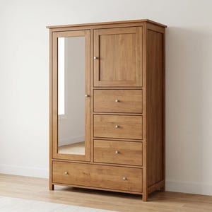 May include: A wooden wardrobe with a natural finish. The wardrobe has a full-length mirror on the left side and a door and drawers on the right. The drawers have silver knobs. The wardrobe is a light brown color.
