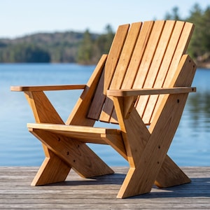 May include: A wooden Adirondack chair with a slatted back and angled armrests. The chair is constructed from light-colored wood and has an X-shaped base. It is positioned on a wooden dock overlooking a lake.