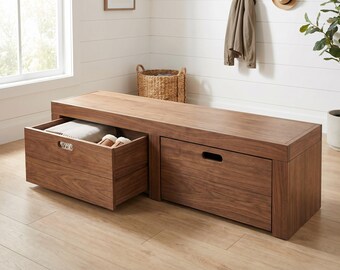 DIY Entryway Storage Bench Plans | Rustic Farmhouse Mudroom Seating PDF | Wooden Shoe Organizer with Slide Out Drawers Woodworking Guide