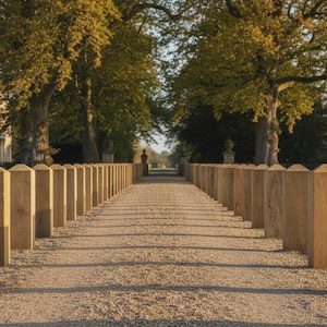 May include: A gravel path lined with wooden posts leads towards a distant building. Tall trees frame the path, with a building visible in the background. The scene is bathed in warm sunlight, creating long shadows.