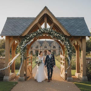 May include: A wedding scene featuring a couple walking under a wooden archway adorned with white flowers and greenery. The archway leads to a large stone building. The couple is dressed in wedding attire, with the bride holding a bouquet.