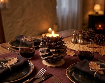 Portavelas Rústico de Piña Natural sobre Base de Madera – Calidez de Bosque en Casa / Centro de mesa