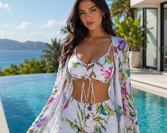 Women's 3 Piece Tropical Print Bikini Set with Cover Up | Floral Beachwear | Summer Swimsuit | Resort Wear | Vacation Outfit