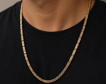 Collana a catena a maglie quadrate placcata oro 18 carati, gioiello da uomo inciso, stile maschile audace
