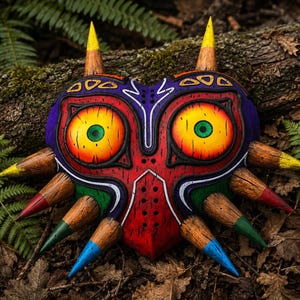 Peut inclure: Un masque en forme de cœur avec de grands yeux jaune et orange vifs aux pupilles vertes. Le masque est peint en rouge, violet et vert, et est orné de multiples pointes saillantes en forme de crayons de diverses couleurs : jaune, rouge, vert et bleu.