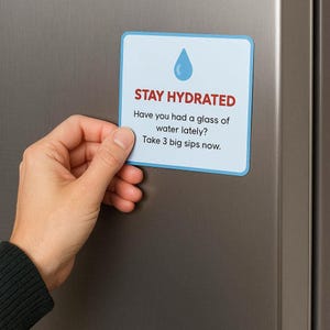 May include: A rectangular magnet with a blue border and a blue water droplet graphic. The text "STAY HYDRATED" is in red, with the reminder "Have you had a glass of water lately? Take 3 big sips now."
