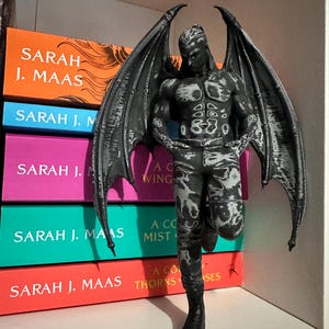 Può includere: Una statuetta nera e grigia di una figura umanoide alata, posta su uno scaffale con libri colorati. La figura ha ali dettagliate e un fisico muscoloso. I libri sono di Sarah J. Maas.