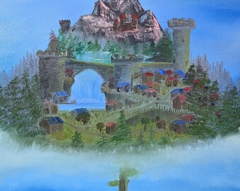 Top of the Beanstalk, Fantasy Oil Painting on Canvas, Castle and Village in the Sky