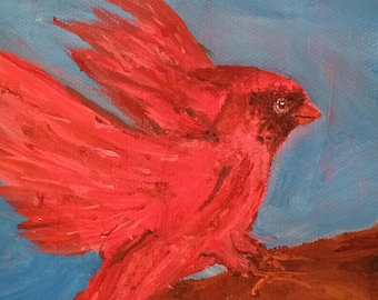 Original Acrylic Cardinal Painting, Summer Bird Art, Hand-Painted on Paper