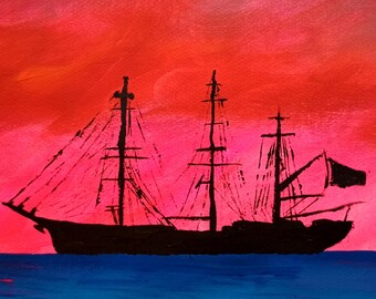 Ship at Sunset, Original Acrylic Painting, No Frame