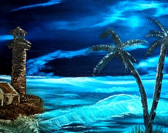 Lighthouse on a Stormy Night, Oil Painting on Canvas, Beach House Wall Decor