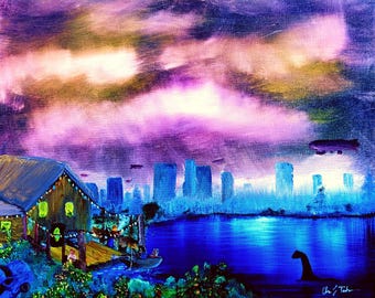 Loch Ness Monster Oil Painting Print, Zeppelins, End of World Party Wall Art
