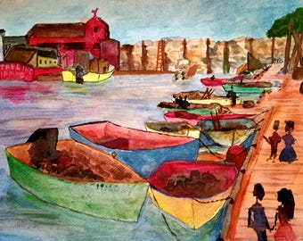 Rockport Harbor Watercolor Art Print, famous Massachusetts fishing harbor in Coastal Georgia painting style