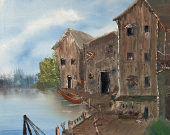 Fishing Village Scene, Oil Painting Print, Coastal Wall Art, Outdoorsy Decor