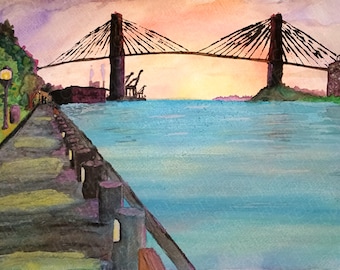 Savannah River Street Watercolor Print, Talmadge Bridge Sunset Painting (No Frame)