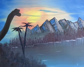 Dinosaur Mountains at Sunset, Jurassic Park inspired Oil Painting, Wall Decor, Print, No Frame