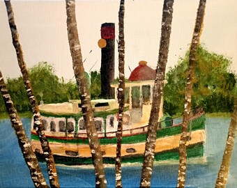 Savannah River Ferry boat as seen through Dogwood trees, Acrylic Painting Print