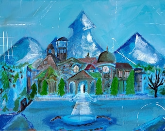 Blue Prince Mount Holly Acrylic Watercolor Print, Video Game Art (No Frame)