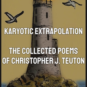 Może przedstawiać: Ilustracja latarni morskiej z tekstem "Karyotic Extrapolation" i "The Collected Poems of Christopher J. Teuton". Dwa ptaki lecą w pobliżu latarni morskiej na żółto-niebieskim tle.