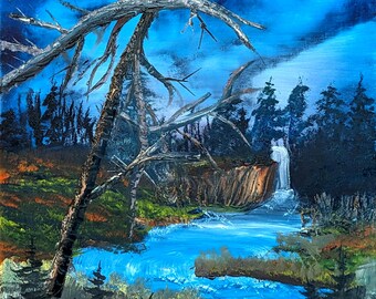 Northern Lights over Small Waterfalls at Night, Oil Painting Print, Wall Decor, No Frame