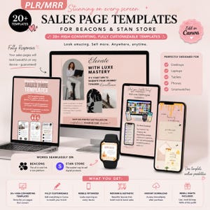 May include: A promotional image showcasing sales page templates for Beacons and Stan Store. The image features a laptop, desktop, tablet, phone, and smartwatch displaying template designs. Text includes "20+ High-Converting Templates" and "Edit in Canva."