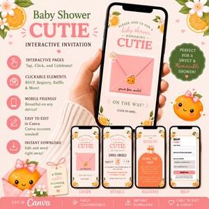 Może przedstawiać: Projekt zaproszenia na baby shower ze słowem "CUTIE" w kolorze różowym i ilustracjami plasterków pomarańczy. Projekt zawiera interaktywne strony, RSVP, rejestr i funkcje mobilne. Zaproszenie jest łatwe do edycji w Canva.