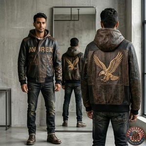 May include: A brown leather hooded jacket with the text "AVIREX" on the chest and an eagle emblem on the back. The jacket has a bomber style with black ribbed cuffs and hem. The model is wearing dark wash jeans and brown boots.