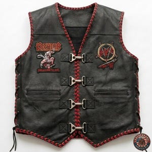 K&ouml;nnte beinhalten: Schwarze Lederweste mit roten N&auml;hten und Akzenten. Mit Aufn&auml;hern mit den Texten "Kreator" und "pleasure to kill" sowie einem "Slayer"-Aufn&auml;her. Enth&auml;lt Metallschnallenverschl&uuml;sse und seitliche Schn&uuml;rung. Eine klassische Bikerweste.
