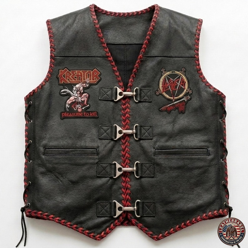 K&ouml;nnte beinhalten: Schwarze Lederweste mit roten N&auml;hten und Akzenten. Mit Aufn&auml;hern mit den Texten "Kreator" und "pleasure to kill" sowie einem "Slayer"-Aufn&auml;her. Enth&auml;lt Metallschnallenverschl&uuml;sse und seitliche Schn&uuml;rung. Eine klassische Bikerweste.